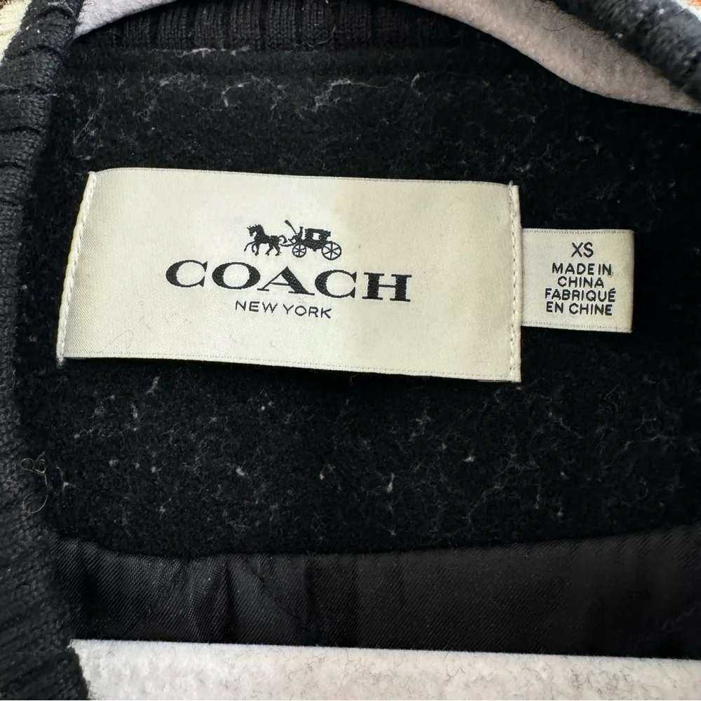 COACH Black Wool & Leather Patch Jacket, Stadium Style,Size XS